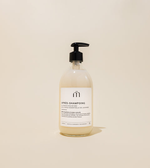 Apres shampoing bio huile d olive et huile essentielle de lavande flacons en verre 500ml ou 1L consignes et rechargeables